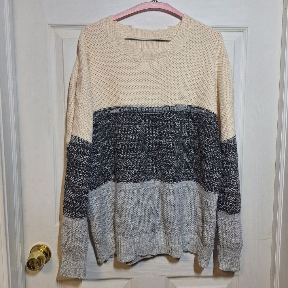 Amazon Basic Cream Grey Colorblock Waffle Knit Heavyweight Sweater Size L